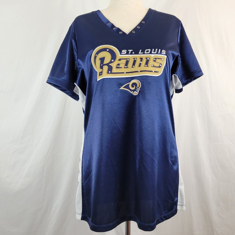 Vintage St. Louis Rams shirt Women's 2XL Blue NFL Bling mesh V-neck embroidered.